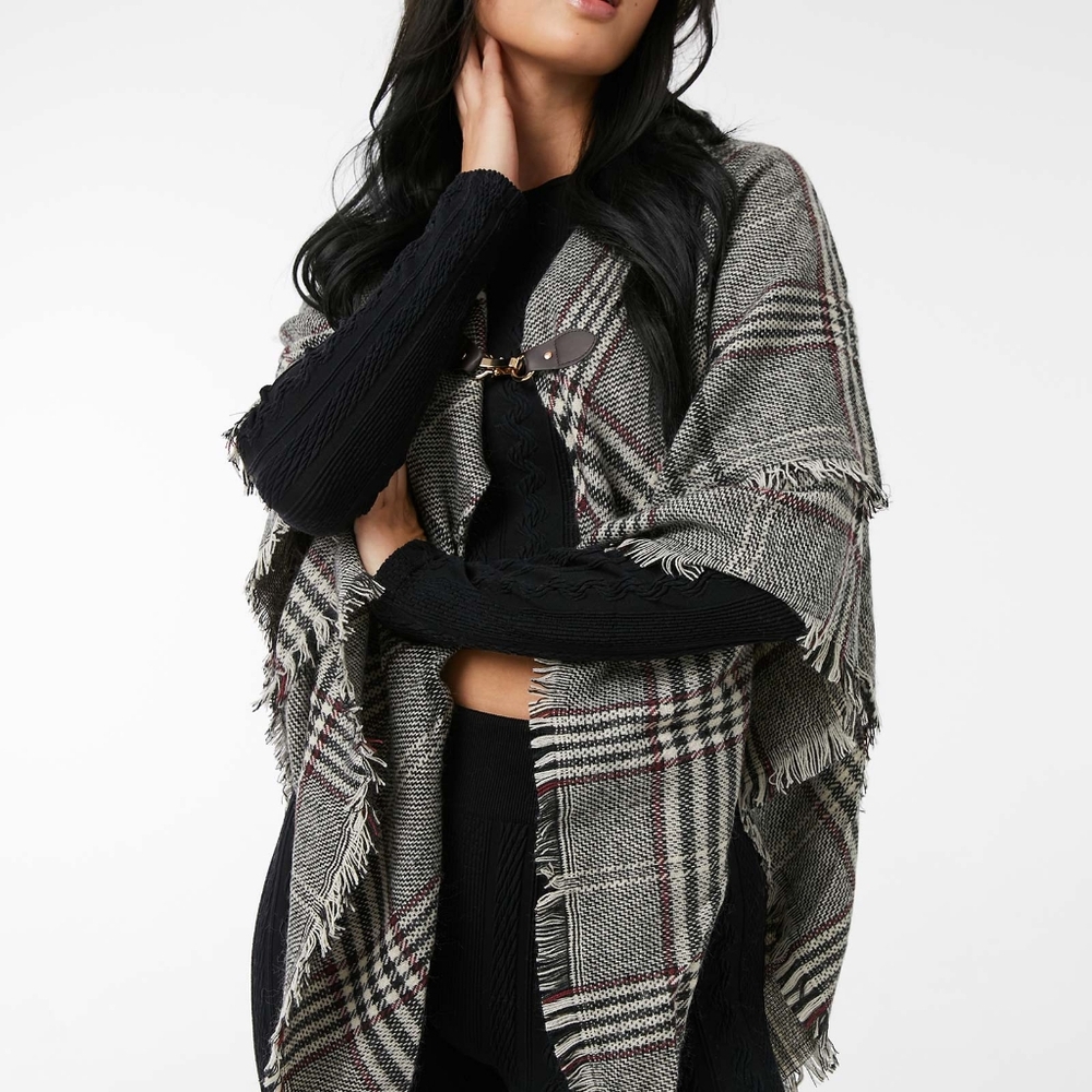 Plaid Poncho with Clasp